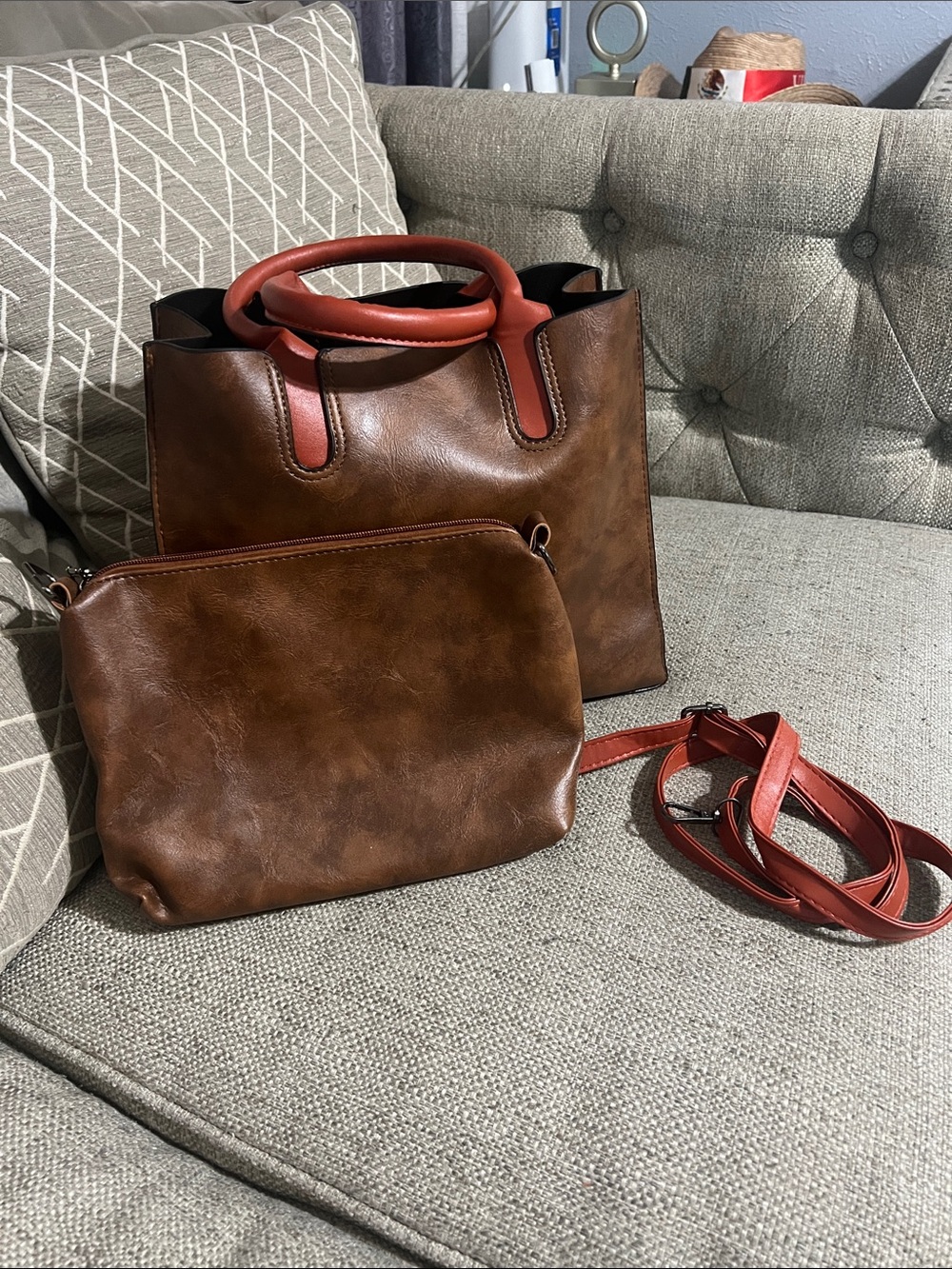 Source Unknown Brown Tote and Pouch with Red Handles and Strap